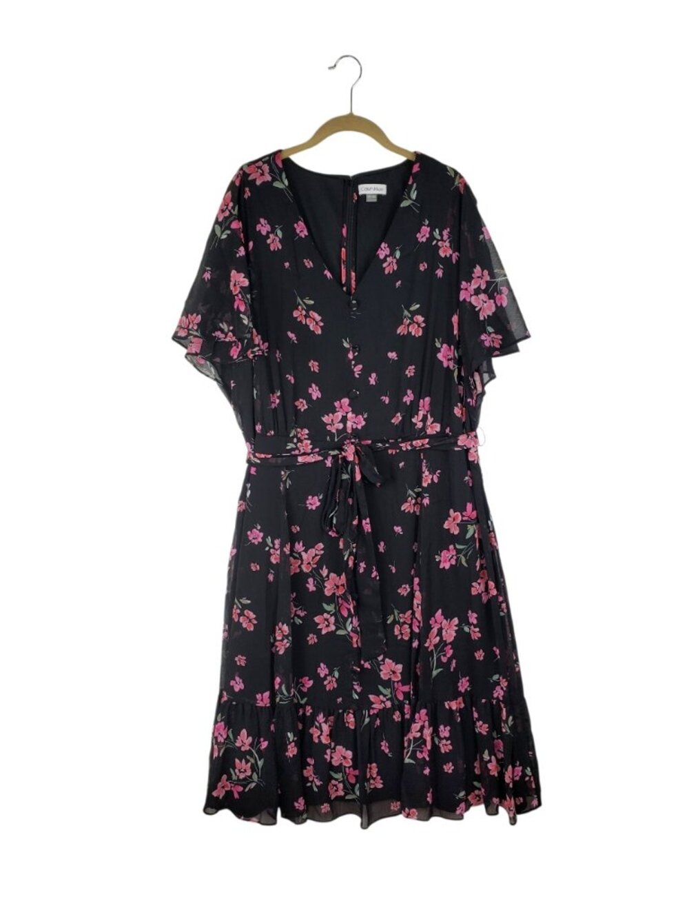 Calvin Klein Floral Flutter Sleeve Midi Dress A-Line Black Pink Womens 20W